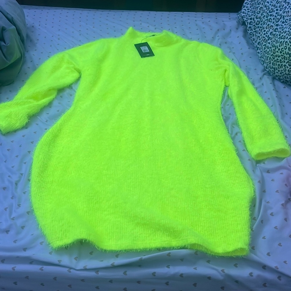 Lime green fuzzy dress with long sleeves